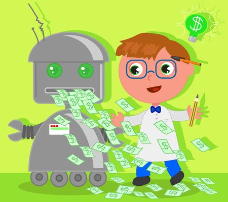 Cute cartoon scientist has invented a machine for the success making money. Vector illustration.のイラスト素材