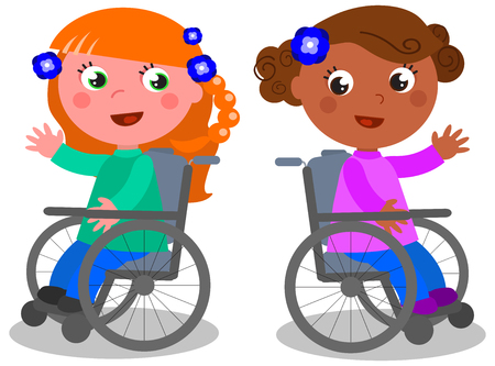 Caucasian and ethnic children smiling on wheelchairs, vector illustrationのイラスト素材