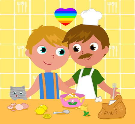 Male homosexual happy couple in the kitchen with ingredients and food, cartoon vector illustrationのイラスト素材