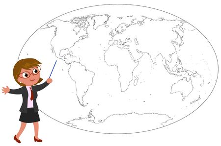 Woman manager or teacher showing something on a black and white world map illustration.のイラスト素材