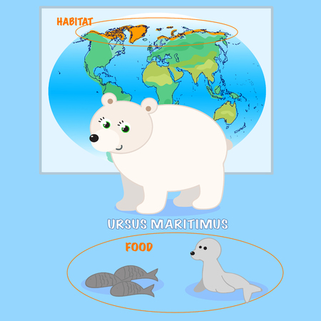 Cartoon white bear with food and habitat, vector illustrationのイラスト素材