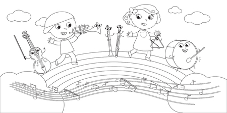 Cute smiling musical instruments and kids playing on rainbow. Black and white illustration.のイラスト素材