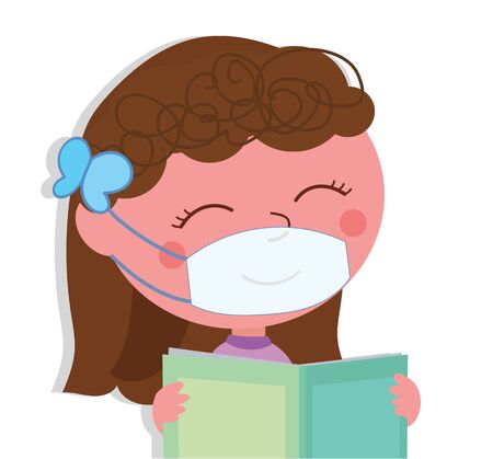 Happy child with protection mask reading a bookのイラスト素材