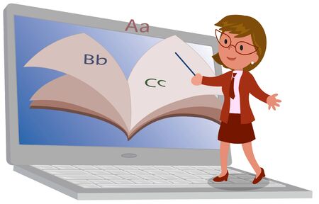 Distance education: laptop computer and teacher in live streaming with open book.の写真素材