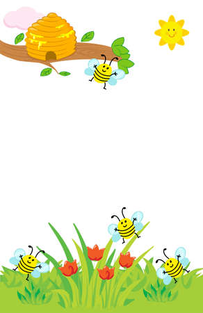 Cartoon hive and flying bees on lawn with red tulips vector illustration for childrenのイラスト素材