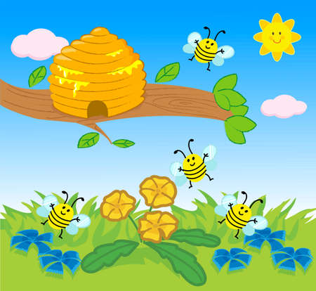 Cartoon beehive and flying bees on lawn vector illustration for childrenのイラスト素材
