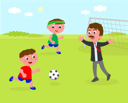 Two kids playing soccer with dad in business clothes, vector illustrationのイラスト素材