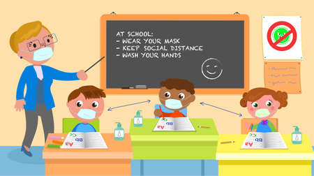 School classroom with teacher showing rules to children wearing masks, illustrationのイラスト素材