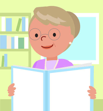 Smiling Grandmother reading in a book with blank cover in her house, cartoon vector illustrationのイラスト素材