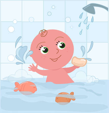 Cute baby boy playing with water having a bath, cartoon vector illustrationのイラスト素材