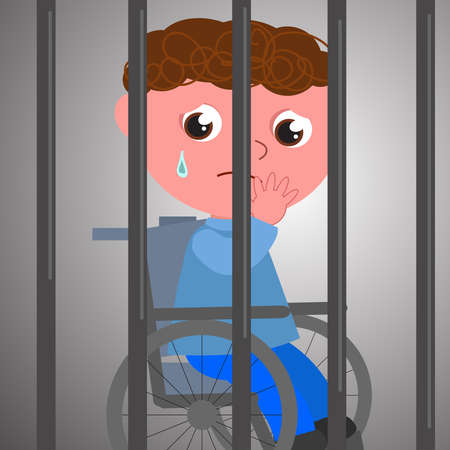Boy on wheelchair behind bars, sad for the lack of freedom, concept vector illustrationのイラスト素材