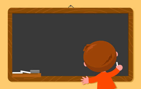 School kid at school writes on blank blackboard, cartoon vector illustrationのイラスト素材