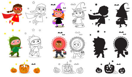 Children in Halloween costumes, witch, super hero, dinosaur and coronavirus. Isolated cartoon vector illustration, coloring and silhouettes.のイラスト素材