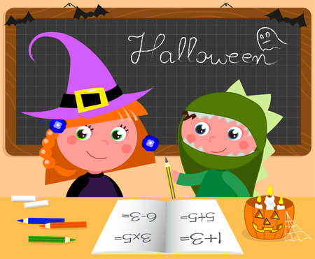 Boy and girl in Halloween costumes at the desk in classroom, cartoon vector illustrationのイラスト素材