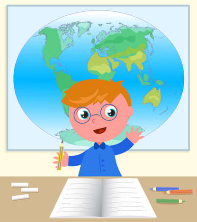 Boy with hand up at his desk at school in geography class, vector digital illustrationのイラスト素材