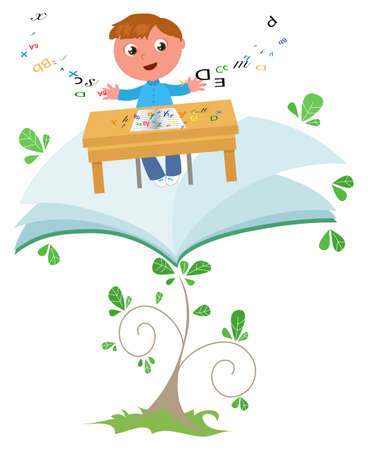 Smiling schoolkid flying with school desk on a book plant, vector cartoon illustrationのイラスト素材