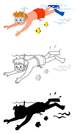 Kid swimming underwater with snorkel. Cartoon illustration: coloring and black silhouetteのイラスト素材
