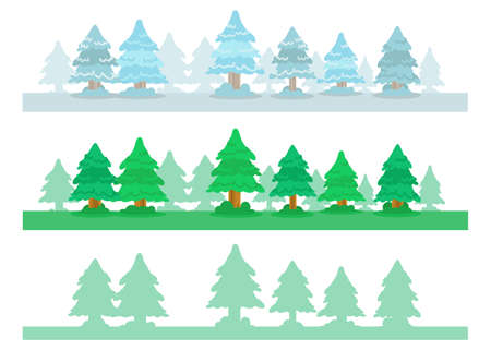 Pine trees banner collection: summer, winter and silhouette. Cartoon vector illustrationのイラスト素材