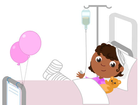 Smiling child in hospital room with broken leg and drip. Cartoon vector illustration.のイラスト素材