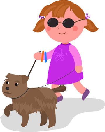 Blind child walking with her guide-dog, cartoon vector illustration isolated on white.のイラスト素材