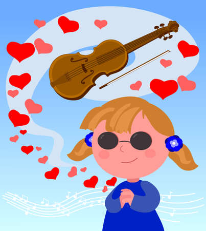 Blind girl with violin and melody, cartoon vector illustrationのイラスト素材