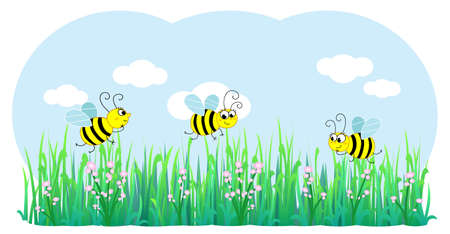 Three cute bees flying on flowers and grass, cartoon vector illustrationのイラスト素材