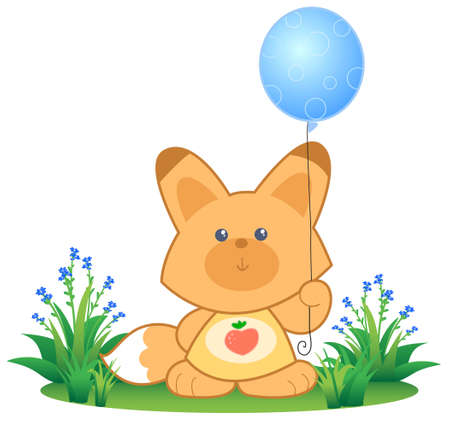 Cute cartoon fox with balloon on the grass, vector illustration isolated on white backgroundのイラスト素材