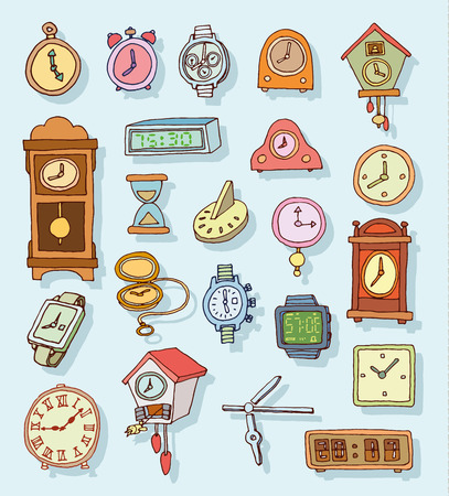 Set of clocks and watches, Hand drawn vector illustration.のイラスト素材