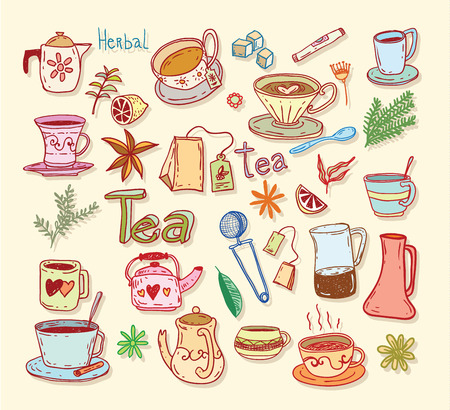Tea doodle sketch elements.Hand drawn vector illustrationのイラスト素材