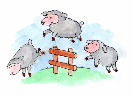 Sheep jumping over a fence in a grassy field. Vector illustration.のイラスト素材