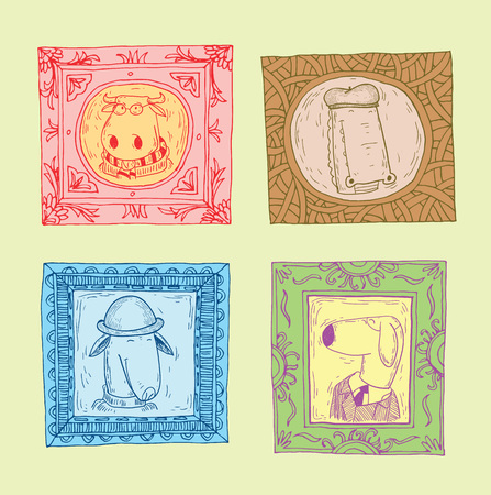 Set picture frames with animals portrait, hand drawn vector illustration.のイラスト素材