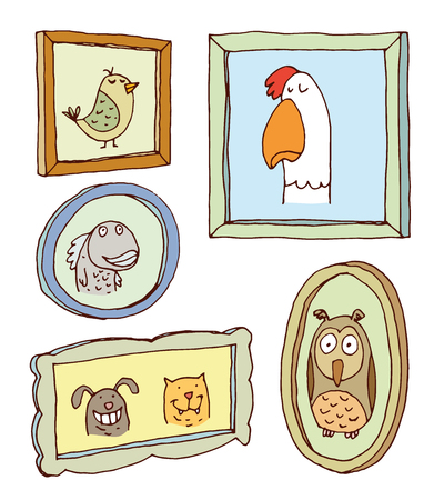 Set picture frames with animals portrait, hand drawn vector illustration.のイラスト素材