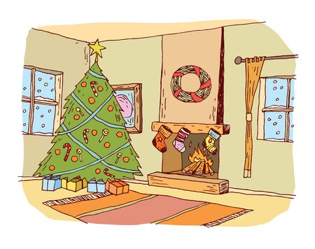 Christmas traditional decorated room, Christmas tree and fireplace. vector illustration.のイラスト素材