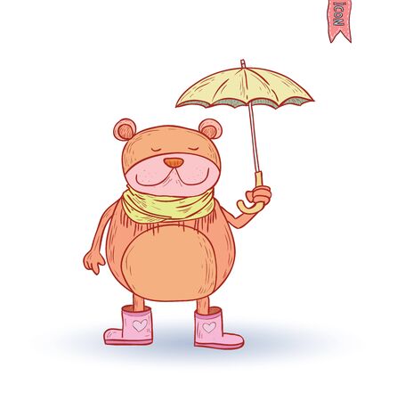 funny bear in the rain, vector illustration.のイラスト素材