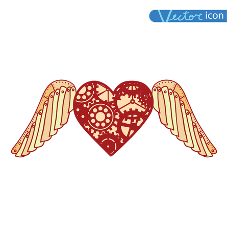 Mechanical steampunk heart with wings, hand drawn vector illustration.のイラスト素材