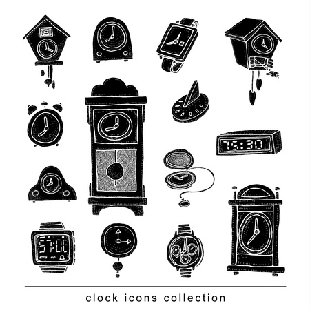 Set of clocks and watches, Hand drawn vector illustration.のイラスト素材
