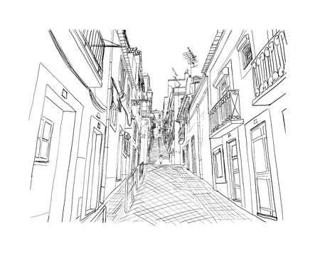 Lisbon street drawn sketch vector illustration.のイラスト素材