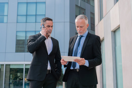 Two mature businessmen discussing about finance, one of them using a tablet and the other a smartphone, wearing a suit and looking confident and serious outside the corporate building. Businesspeople looking professional and concentrate sharing opinions and work with different devicesの写真素材