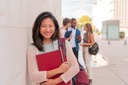 Confident young girl at the university looking at camera and holding a folder meanwhile their...