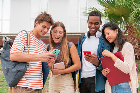 Group of multiracial teenagers watching their cellphones and laughing outside the university campus....