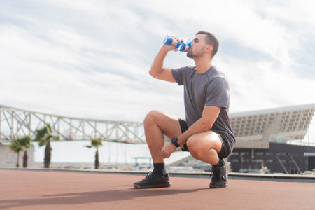 Fit Young Man Staying Hydrated While Engaged in Outdoor Squat Workout with Water Bottle in Hands Emphasizing Healthy Lifestyle and Fitness Routine in Active Sportswear Attireの写真素材