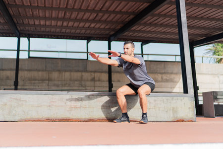 Dedicated Male Athlete Performing Dynamic Squats Outdoors in Urban Environment Under Bright Sunlight for Enhanced Strength and Conditioning Training Session Focused on Physical Fitnessの写真素材