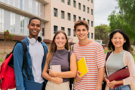 Diverse group of cheerful students smiling brightly while holding colorful notebooks and preparing for an exciting day of learning together at university campus in the lovely afternoon sunshineの写真素材