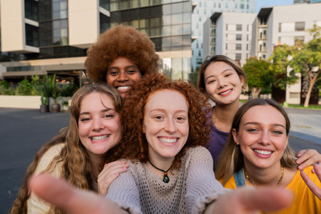 Joyful group of diverse friends taking a fun selfie together, showcasing their vibrant personalities...