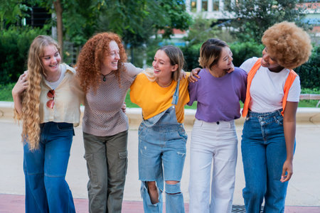 Five joyful young women laughing together while enjoying each others company in a vibrant and colorful setting, showcasing diverse styles and a spirit of friendship and connectionの写真素材