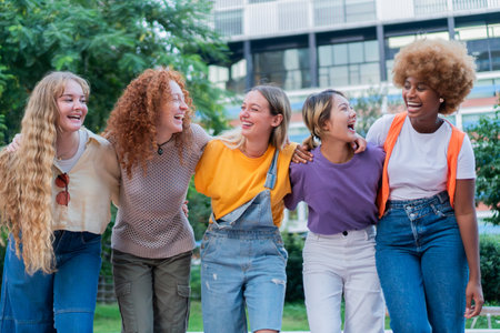 Five joyful friends laughing together while enjoying a fun moment of connection and friendship in colorful casual outfits, showcasing their unity and happiness in a delightful group settingの写真素材