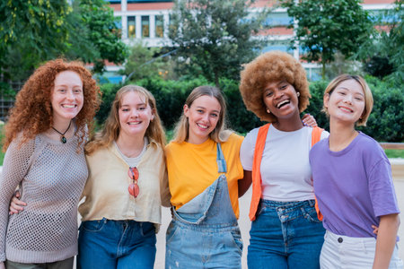 Five joyful young women with diverse styles share a cheerful moment together, smiling brightly and showcasing their unique personalities in a fun group photo of friendship and happinessの写真素材