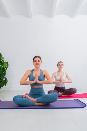 Two women practicing yoga in a serene indoor space, engaging in meditation poses with hands joined in prayer, promoting relaxation and mindfulness through their focused breathing techniquesの写真素材