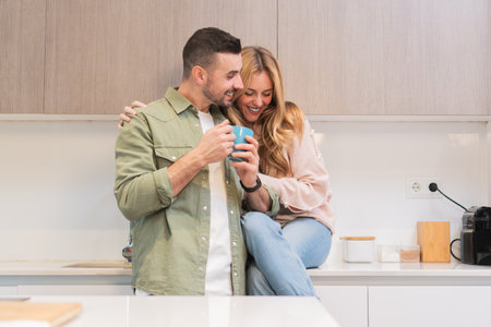 Joyful couple enjoying a warm moment together while sharing a cozy beverage in their inviting kitchen, creating lasting memories and deepening their connection in everyday lifeの写真素材