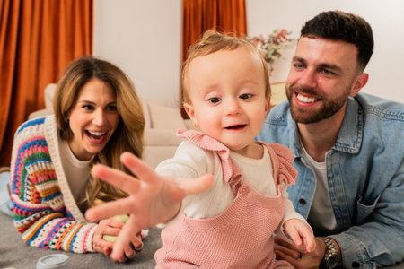 Joyful family moment with a playful baby reaching out while parents enjoy a delightful time in a cozy living room with warm colors and a comfortable atmosphereの写真素材
